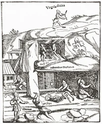 Représentation ancienne de la baguette de sourcier, montrant une figure avec une baguette de sourcier au-dessus du sol cherchant de l