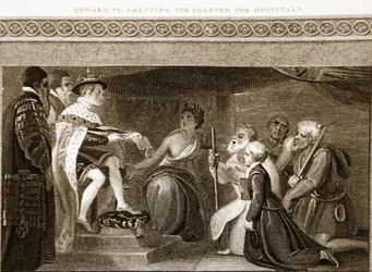 Édouard VI accordant la charte pour les hôpitaux, illustration de L