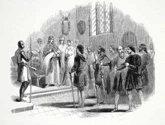 Édouard Ier présentant aux chefs gallois un prince né parmi eux, au château de Rhuddlan