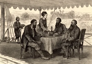 Les explorateurs anglais John Hanning Speke (1827-1864) et James Augustus Grant (1827-1892) à Gondokoro, au sud du Soudan, à la fin de leur expédition, où ils ont été accueillis par Samuel (1821-1893) et Florence (1841-1916) Baker (gravure)