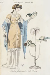Planche de mode anglaise représentant une jeune femme choisissant un chapeau, 1812