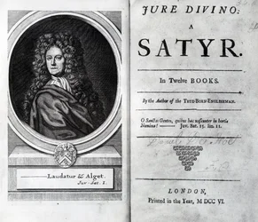 Frontispice et page de titre pour Jure Divino : Une satire par Daniel Defoe, publié en 1706