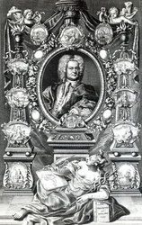 Frontispice de Naval History of England par Thomas Lediard, publié en 1735
