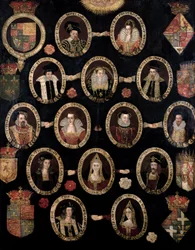 Tableau généalogique retraçant les racines Tudor de Marie Stuart, reine d