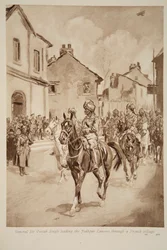 Général Sir Pertab Singh menant les lanciers de Jodhpur à travers un village français, 1914-19