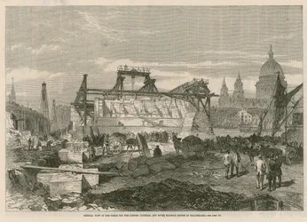 Vue générale des travaux pour le pont ferroviaire de London, Chatham et Dover à Blackfriars