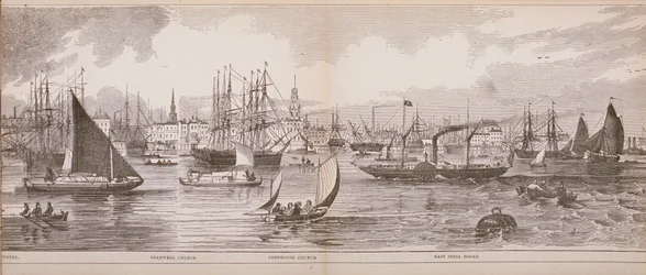 Grand Panorama de Londres, depuis la Tamise en direction de Shadwell, East India Docks et Limehouse, 1849