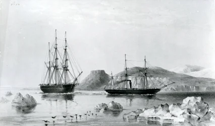 HMS Assistance remorquée par Pioneer passant John Harrow Mount, North Wellington Channel en 1853
