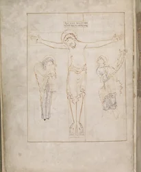 Harley 2904, f.3v, La Crucifixion; avec la Vierge, et Saint Jean inscrivant son témoignage sur un parchemin, du Psautier de Ramsey, c.900-1000