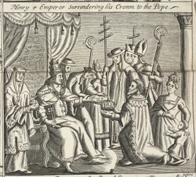 Henri IV empereur remettant sa couronne au pape, illustration des Actes et Monuments de John Foxe, neuvième édition, pub. 1684
