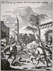 Henry Morgan capture et pille la ville de Puerto de Principe, Cuba, en 1668, illustration de 