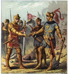 Guerre de Cent Ans : bataille de Poitiers (1356). Le roi de France Jean II le Bon (1319-1364) reconnut sa défaite et se rendit auprès d