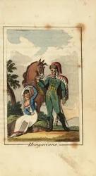 Hussard hongrois avec femme portant un voile