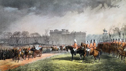 Hyde Park - La princesse passant les lignes des volontaires, 7 mars 1863, de A Memorial of the Marriage of Edward VII and Alexandra of Denmark, pub. 1864
