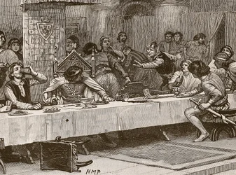 Interruption du dîner de Noël de Balliol, illustration de Cassells Illustrated History of England