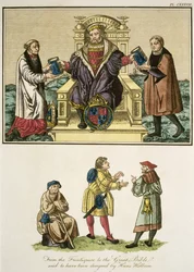 Roi Henri VIII (1491-1547) du frontispice de la Grande Bible, dit avoir été conçu par Hans Holbein, illustration de The Complete View of the Dress and Habits of the People of England Volume II, publié en 1799