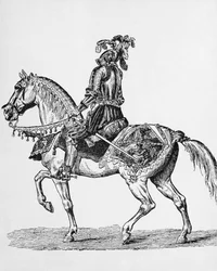 Chevalier à cheval en tenue de gala des années 1400
