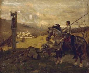 Chevaliers devant un sanctuaire de bord de route