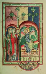 Lansdowne 383 f.13 Les femmes au sépulcre, du Psautier de Shaftesbury, West Country, c.1130-40 (vélin)