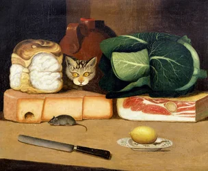 Nature morte de garde-manger avec un chat chassant une souris, c.1840
