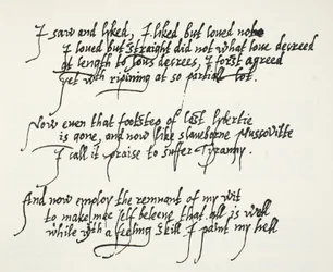 Dernières dix lignes du sonnet Astrophel de Sir Philip Sidney décrivant comment, progressivement et trop tard, il a réalisé ses propres sentiments pour Stella