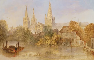 Cathédrale de Lichfield depuis Stowe Pool, c.1850