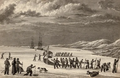 Premier voyage du lieutenant William Parry : Les équipages du H.M.S. Hecla et du H.M.S. Griper coupant dans Winter Harbour, vers 1819