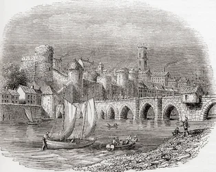 Limerick, comté de Limerick, Irlande, montrant le château de King John sur la rivière Shannon et le pont de Thomand, tirée de Old England: A Pictorial Museum, pub. 1847