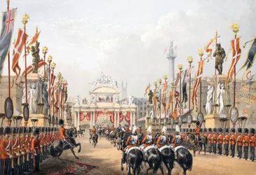 Le pont de Londres, gardé par la Honourable Artillery Company de Londres, de A Memorial of the Marriage of Edward VII and Alexandra of Denmark, pub. 1864