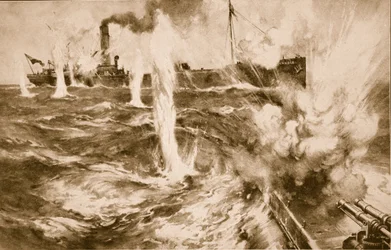 Le charbonnier londonien Wandle engageant avec succès un sous-marin allemand en mer du Nord le 29 avril 1916, 1914-19