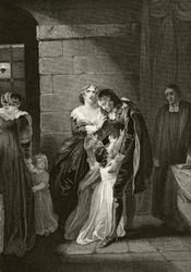 Lord William Russell faisant ses adieux à sa famille avant son exécution le 21 juillet 1683, extrait de "The National and Domestic History of England" par William Hickman Smith Aubrey (1858-1916) publié à Londres, vers 1890 (lithographie).