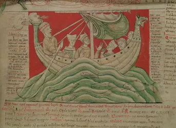 Les visions rêvées par le roi Henri Ier en Normandie en 1130, du Worcester Chronicle, vers 1130-40 (détail)