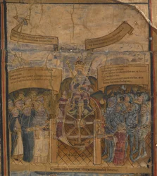 Édouard IV (1442-83) sur la roue de la fortune, flanqué des ducs de Clarence et de Gloucester et des représentants de l