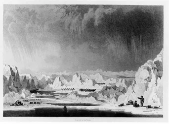 Manœuvrer les bateaux à travers les hummocks de glace, illustration de Narrative of an Attempt to Reach the North Pole par William Parry, gravé par Edward Finden (1791-1857) publié en 1828