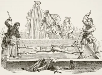 Homme torturé sur le chevalet, extrait de "The National and Domestic History of England" de William Hickman Smith Aubrey (1858-1916) publié à Londres, vers 1890 (lithographie).