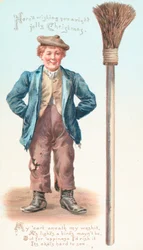 Homme avec balai et cigarette, Carte de Noël