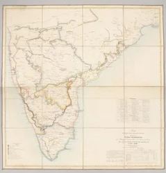 Carte montrant la partition actuelle du pays dépendant de Fort St. George en divisions militaires avec plusieurs stations de troupes