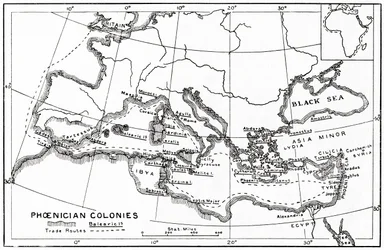 Carte des colonies phéniciennes et de ses routes commerciales méditerranéennes