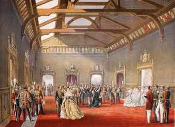 Organisation de la procession de la mariée dans le hall central des appartements temporaires, de A Memorial of the Marriage of Edward VII and Alexandra of Denmark, pub. 1864