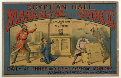Maskelyne & Cooke au Egyptian Hall vers 1880 (lithographie en couleur)