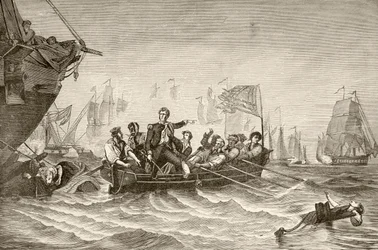 Le commandant en chef Oliver Hazard Perry transférant du brig US Lawrence au brig US Niagra pendant la bataille du lac Érié (lithographie)