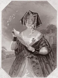 Madame Ford (Les Joyeuses Commères de Windsor) dans - « Galerie des femmes de Shakespeare, collection de quarante-cinq portraits sérieux par les premiers artistes de Londres, enrichie de notices critiques et littéraires » vers 1838 - de « Galerie des femme