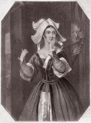 Mistress Page (Les Joyeuses Commères de Windsor) - dans - "Galerie des femmes de Shakespeare, collection de quarante-cinq portraits sérieux par les premiers artistes de Londres, enrichie de notices critiques et littéraires" vers 1838
