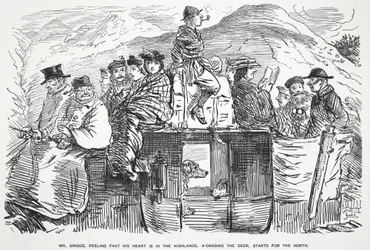 M. Briggs, sentant que son cœur est dans les Highlands, à la chasse aux cerfs, part pour le Nord, illustration de Punch