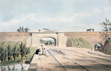 Ligne North Midland sous le canal de Cromford à Bull Bridge, publié par Day et Haghe