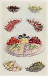 Olives ; Chicorée habillée ; Saumon fumé ; Cornichon et piment ; Beurre, tranches de tomate, salade de pommes de terre, thon, betterave, sardines ; Mayonnaise d