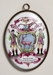 Médaillon ovale pour la Society of Bucks, montrant deux forestiers soutenant un bouclier peint avec un cerf