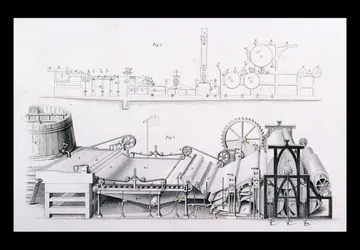 Machine à fabriquer du papier, de Cyclopaedia of Useful Arts & Manufactures, édité par Charles Tomlinson, vers 1880