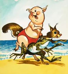 Cochon, grenouille et écureuil sur la plage
