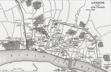 Plan de Londres au XIIIe siècle, tiré de « A Short History of the English People » de J. R. Green, publié en 1893